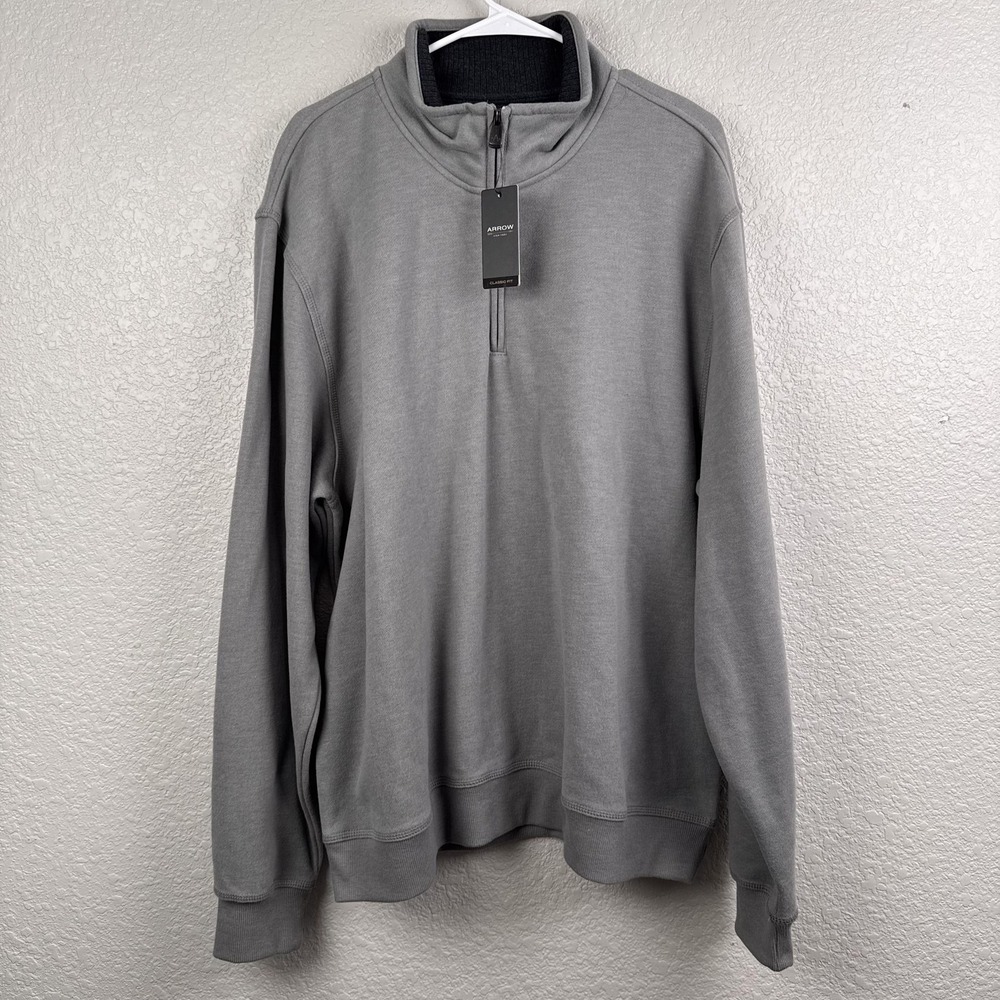Arrow Quarter Zip Sweatshirt Mens 2XL Gray Classic Fit Cotton Blend Mock Neck
